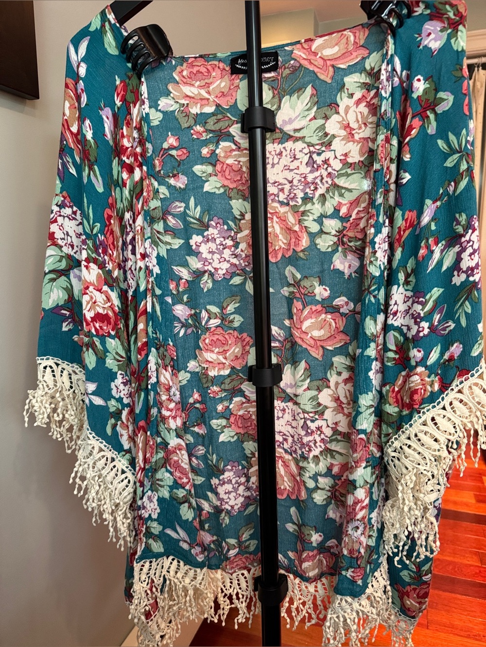 Floral Teal Kimono Cover-Up with Lace Trim MEDIUM/ LARGE